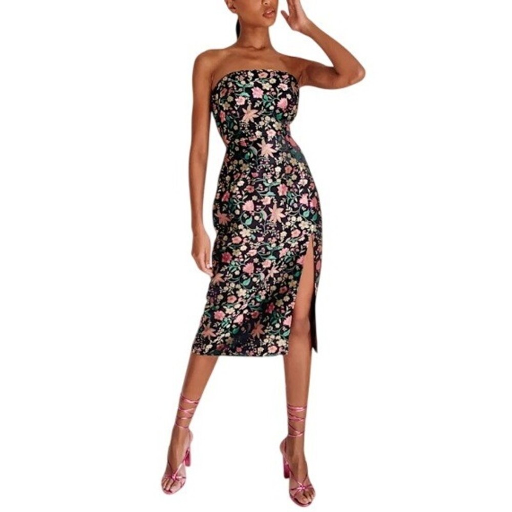 Lulus Women's MakeaMove Black Satin Floral Jacquard Strapless Midi Dress Size L